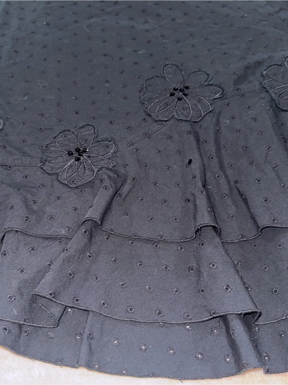 Koret Black A-Line Skirt with Floral Appliqués and Tiered Ruffle Hem